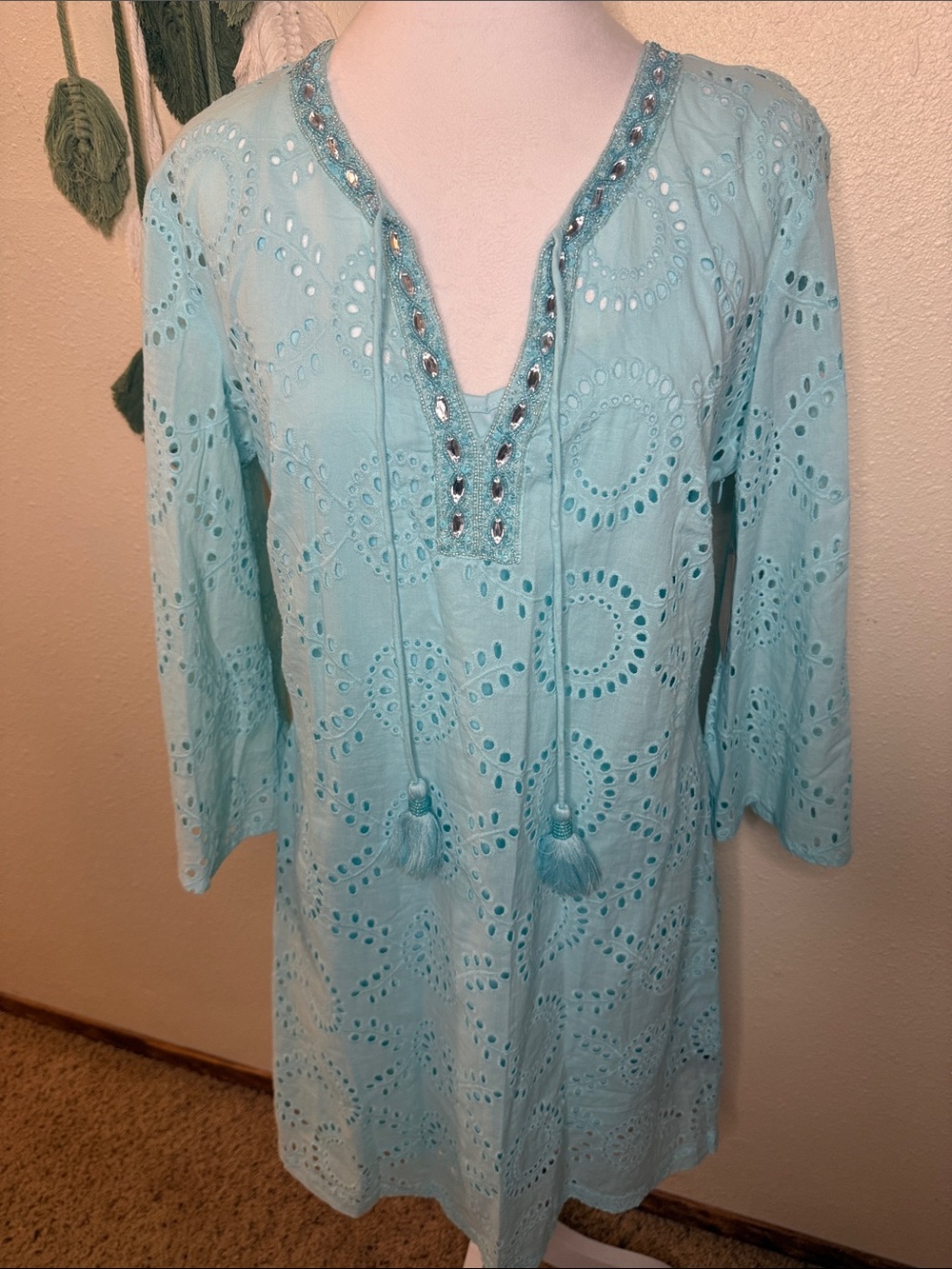 Boston Proper Aqua Eyelet Midi Dress with Tassel Tie